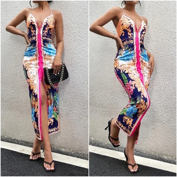 Luxe Floral Print Sexy Evening Bodycon Dress - Picture 1 of 9